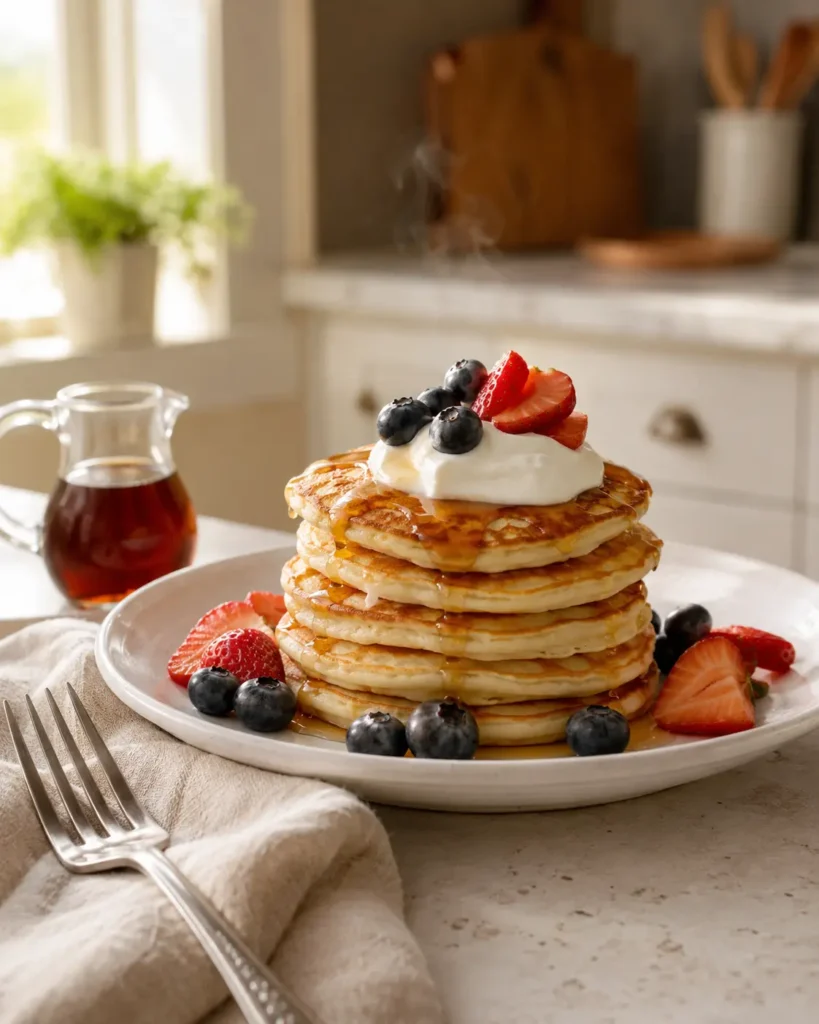Stack of easy Greek yogurt protein pancakes topped with yogurt, blueberries, strawberries, and maple syrup