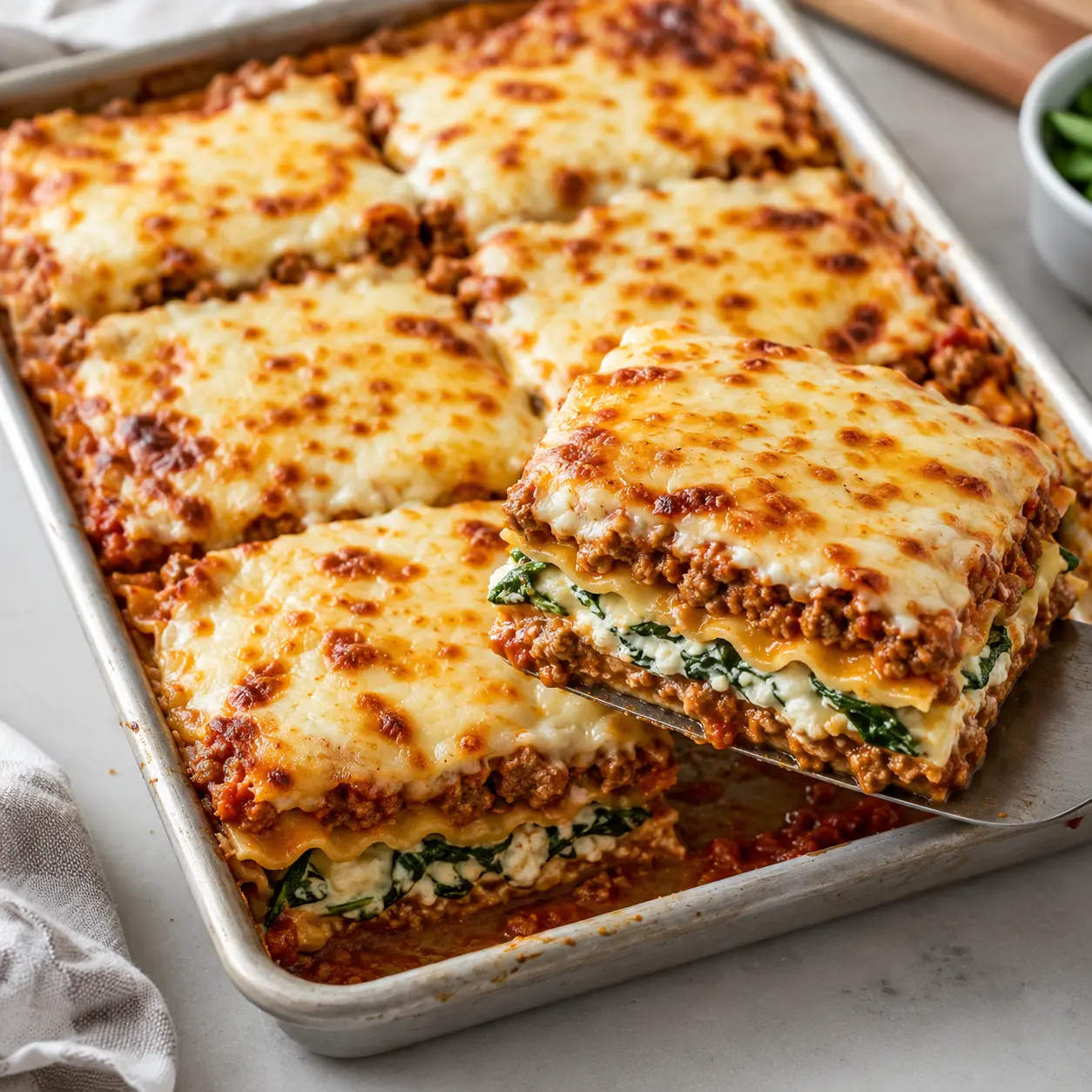 Easy sheet pan lasagna with browned cheese and turkey sauce