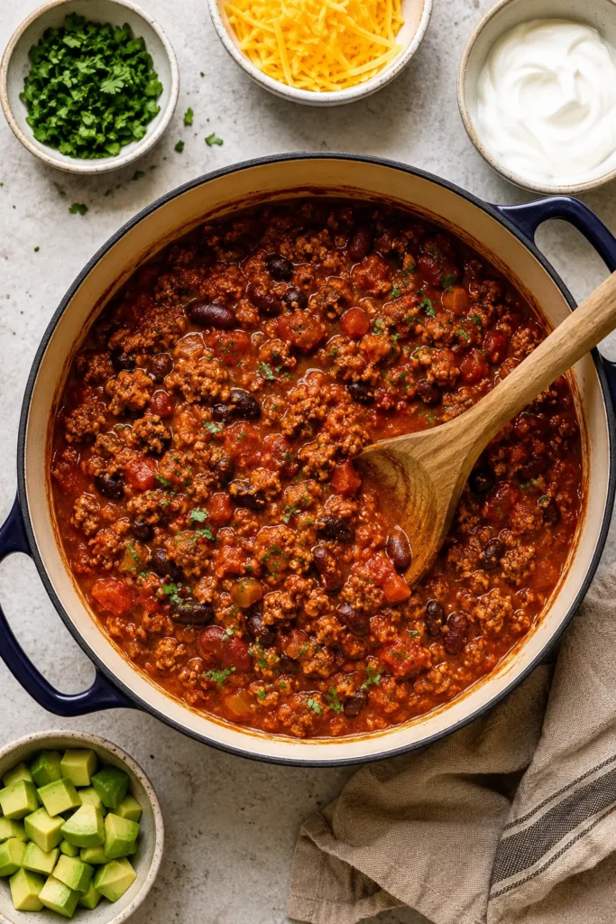 Overhead view of turkey chili in a Dutch oven with a wooden spoon