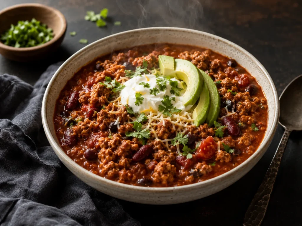 Bowl of easy turkey chili topped with Greek yogurt, avocado, cilantro, and cheese