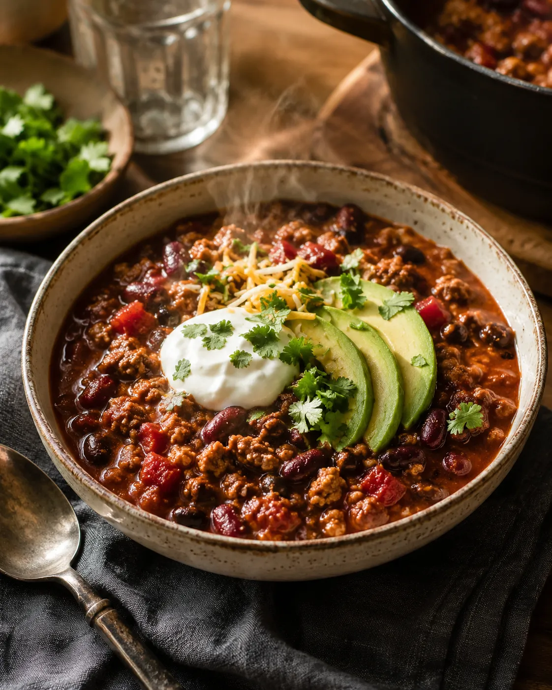 Easy turkey chili with beans, tomatoes, avocado, and Greek yogurt