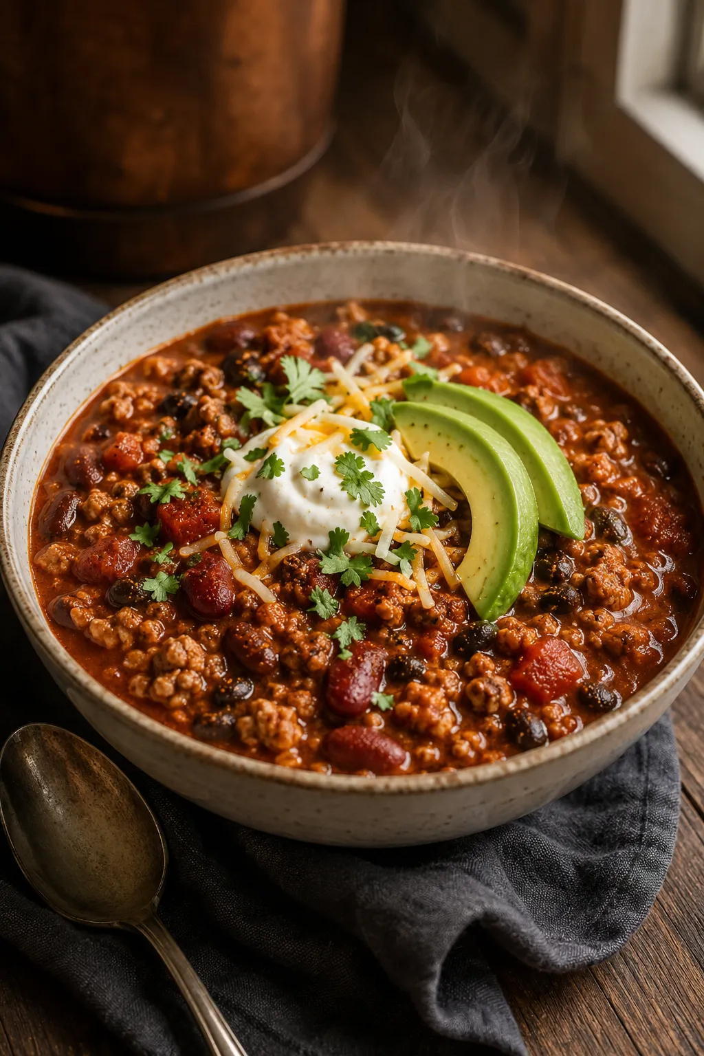 Easy turkey chili with beans, tomatoes, avocado, and Greek yogurt