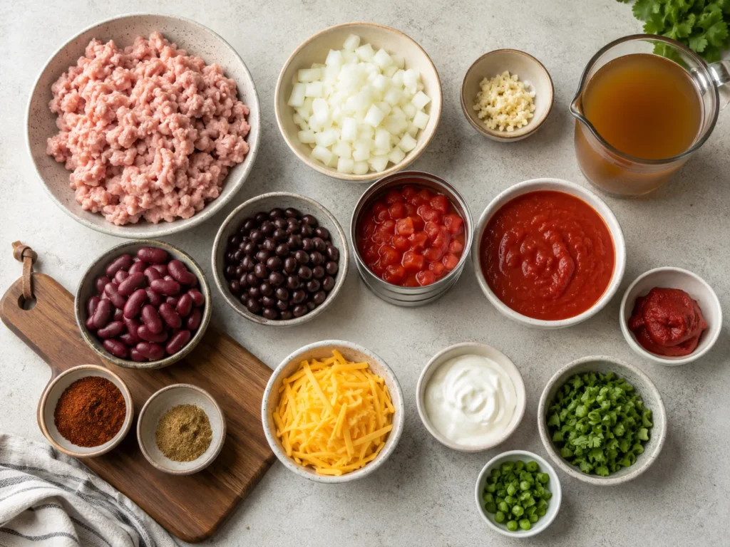 Ingredients for easy turkey chili arranged in bowls on a countertop