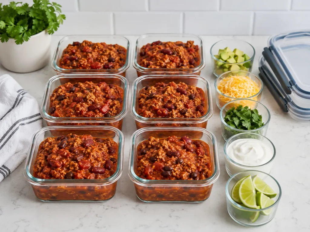 Turkey chili portioned into meal-prep containers with toppings stored separately