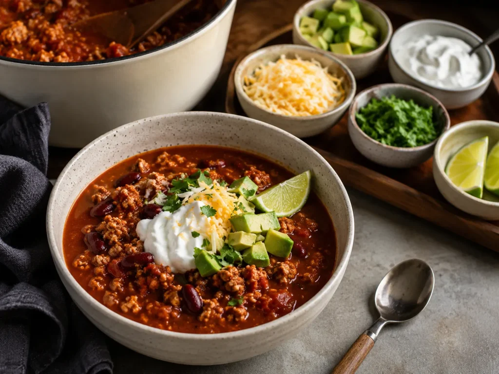 Bowl of turkey chili served with avocado, yogurt, cheese, cilantro, and lime