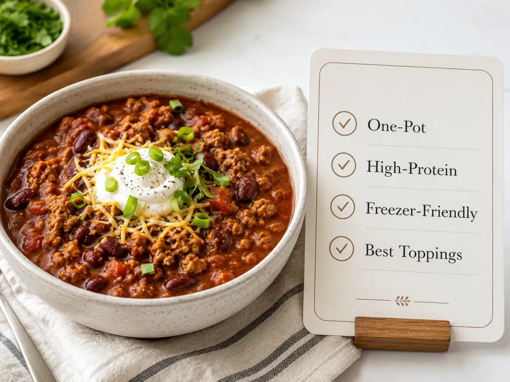 Turkey chili served beside a simple recipe summary card