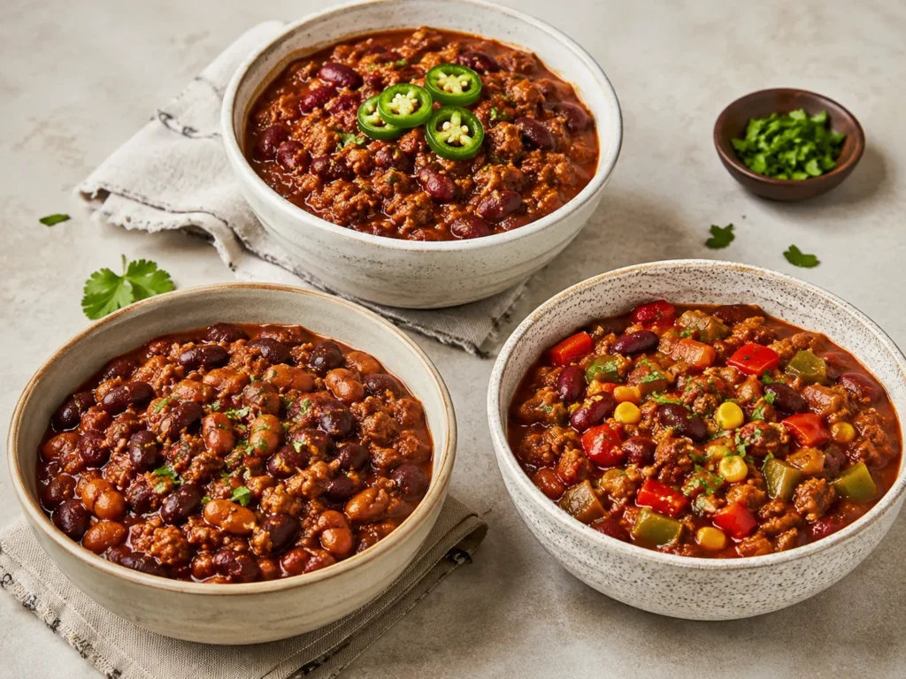 Three variations of turkey chili including spicy, extra-bean, and vegetable-loaded versions