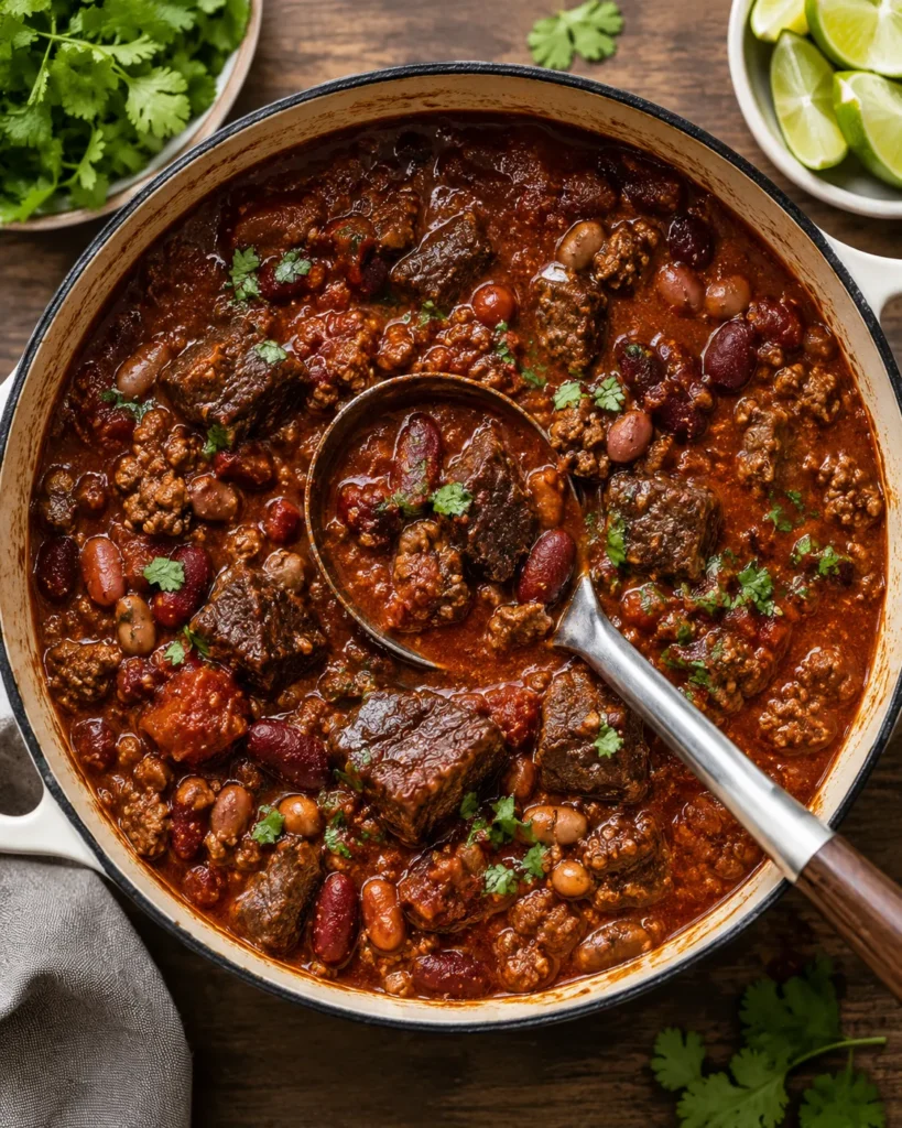 Finished short rib and chorizo chili in a pot with beans and tender beef