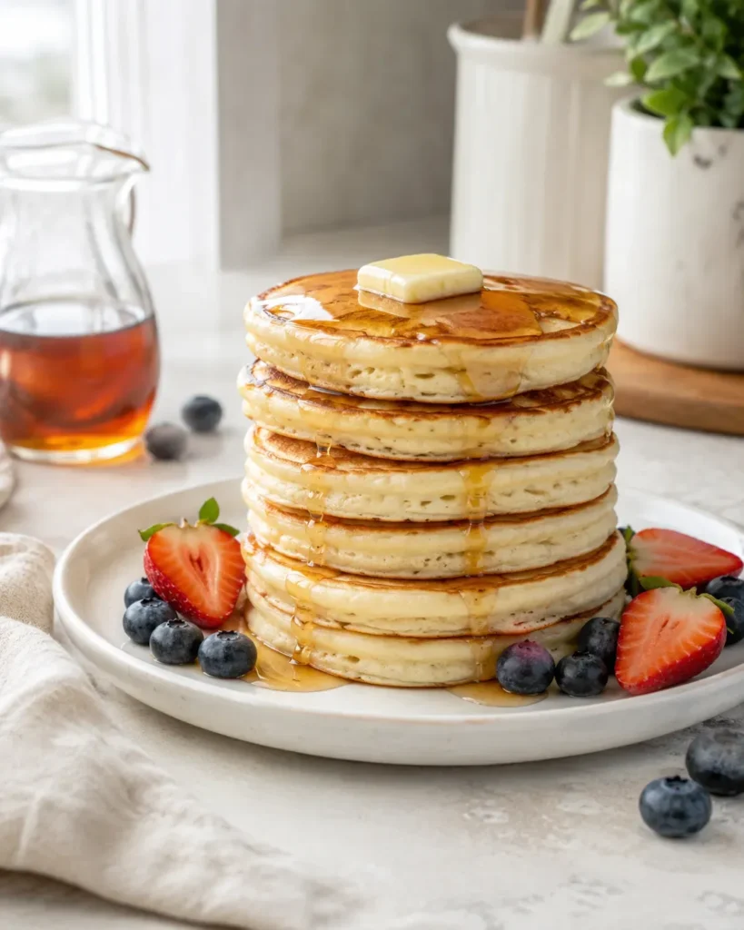 Spatula flipping a fluffy Greek yogurt pancake in a skillet