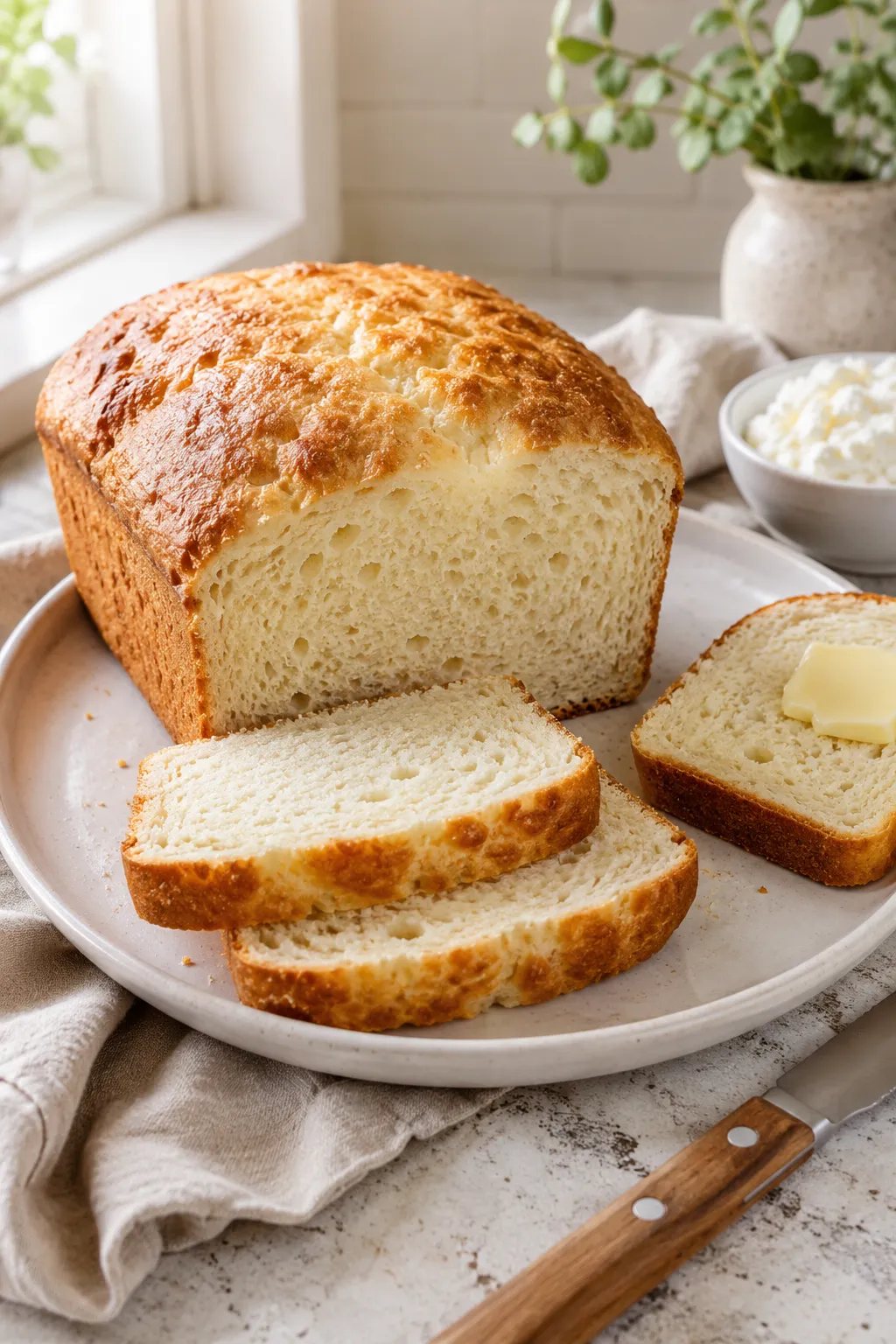 Fluffy cottage cheese bread loaf sliced to show a soft, airy interior with a lightly golden crust.