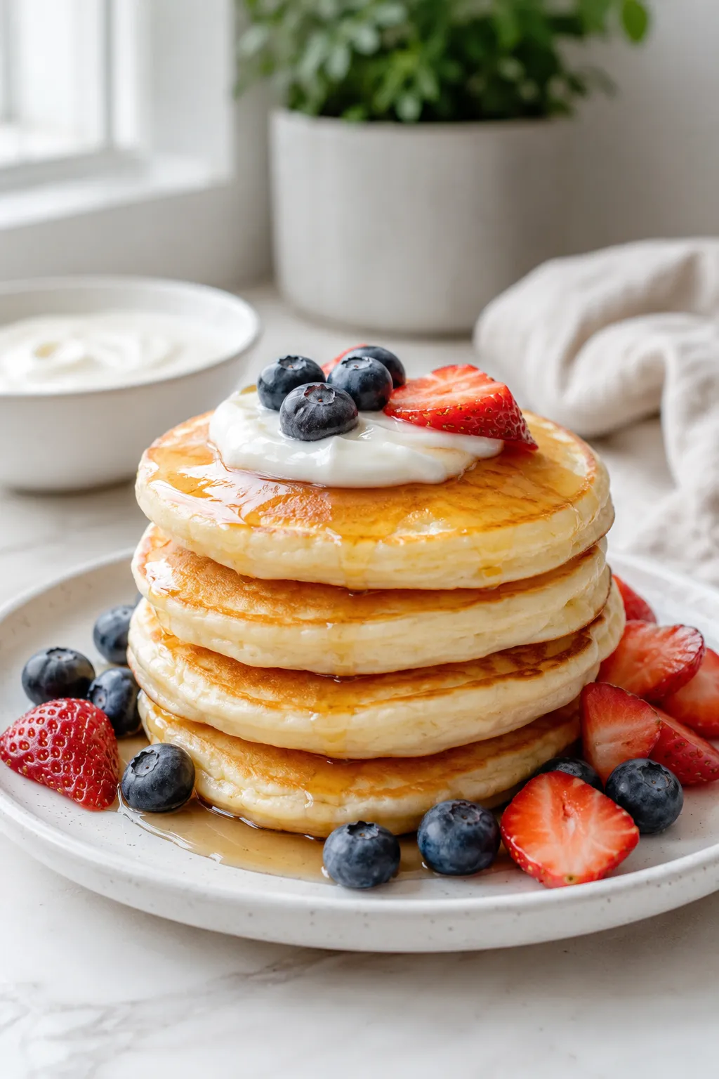 Fluffy Greek yogurt pancakes with berries and Greek yogurt topping
