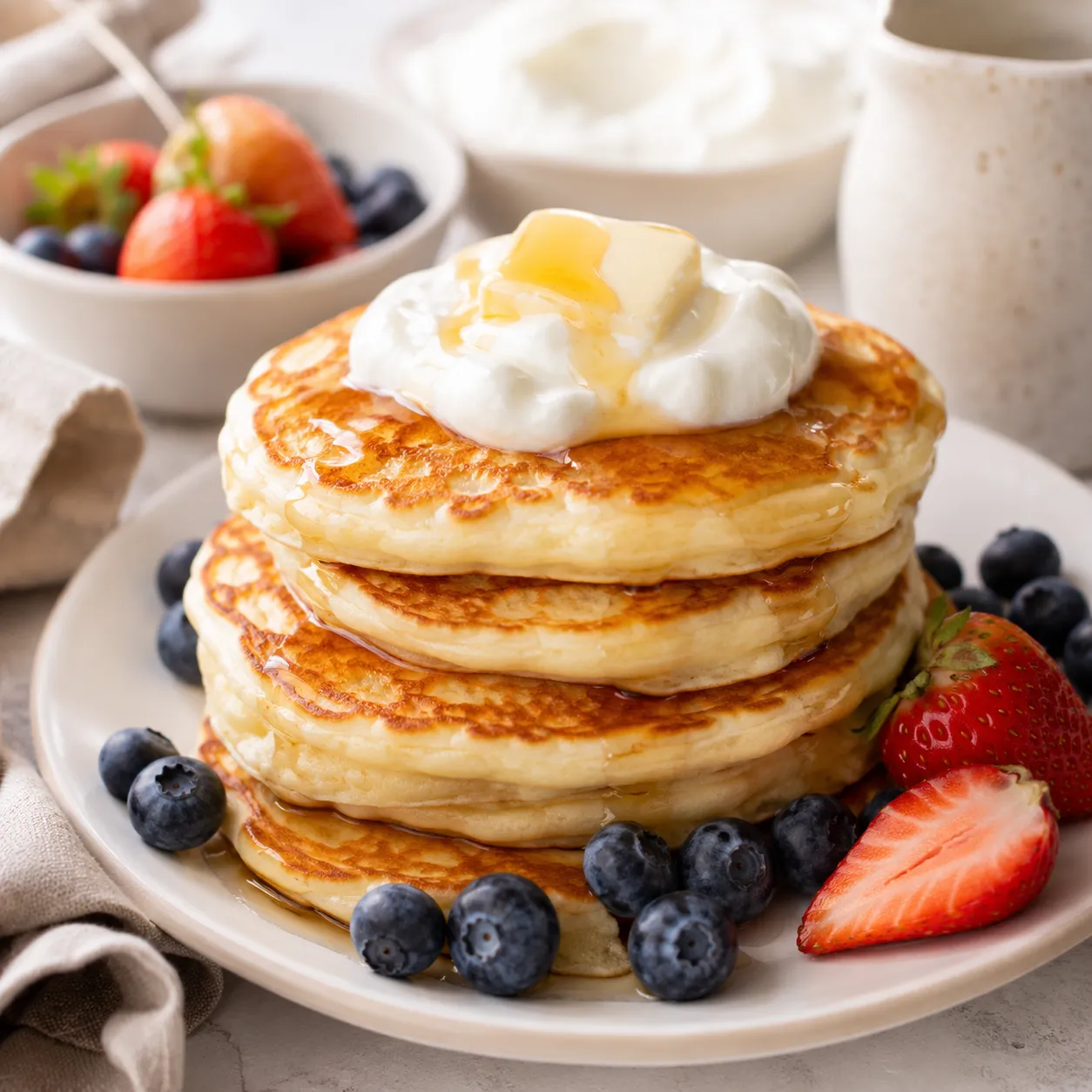 Fluffy Greek yogurt pancakes with berries and yogurt topping