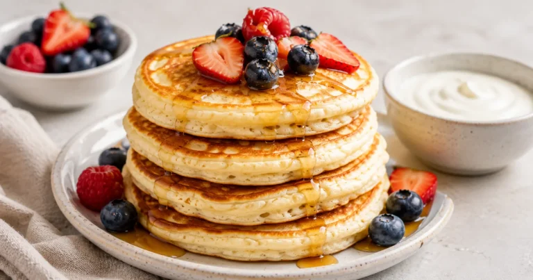 Fluffy high-protein Greek yogurt pancakes topped with strawberries, blueberries, raspberries, and maple syrup