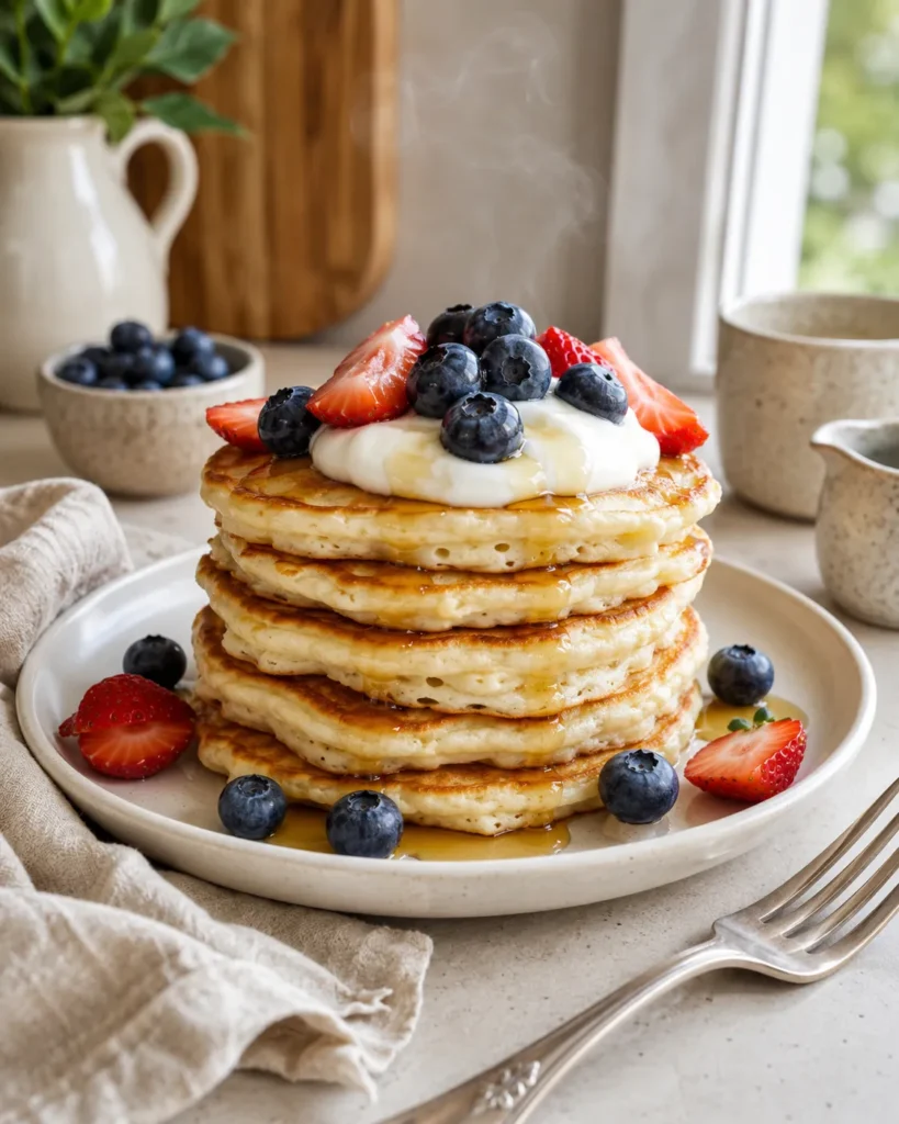 Fluffy high-protein Greek yogurt pancakes topped with berries and maple syrup