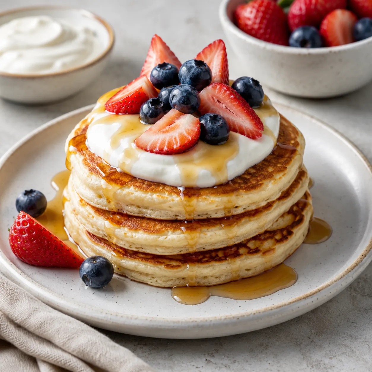 Fluffy high-protein Greek yogurt pancakes with berries and yogurt topping