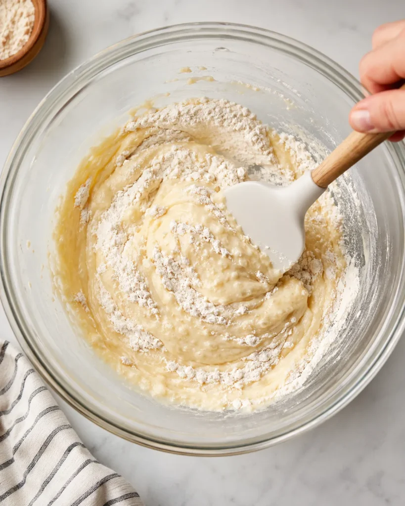 Dry ingredients being folded into Greek yogurt pancake batter