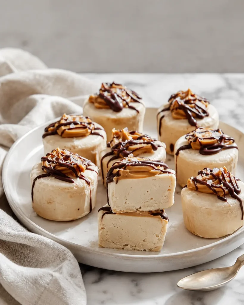Frozen Greek yogurt peanut butter bites topped with peanut butter and chocolate drizzle on a white plate.