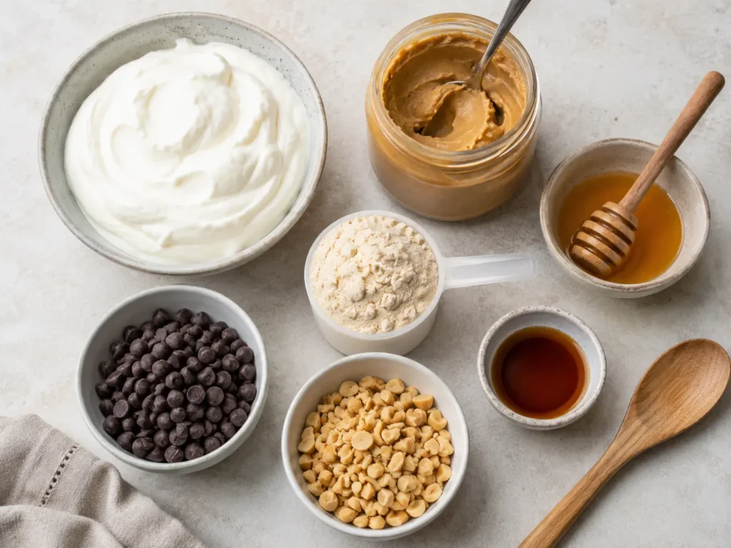 Ingredients for frozen Greek yogurt peanut butter bites arranged in small bowls on a countertop.