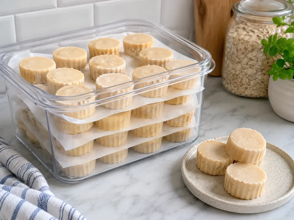 Frozen Greek yogurt peanut butter bites stored in a freezer-safe container with parchment.