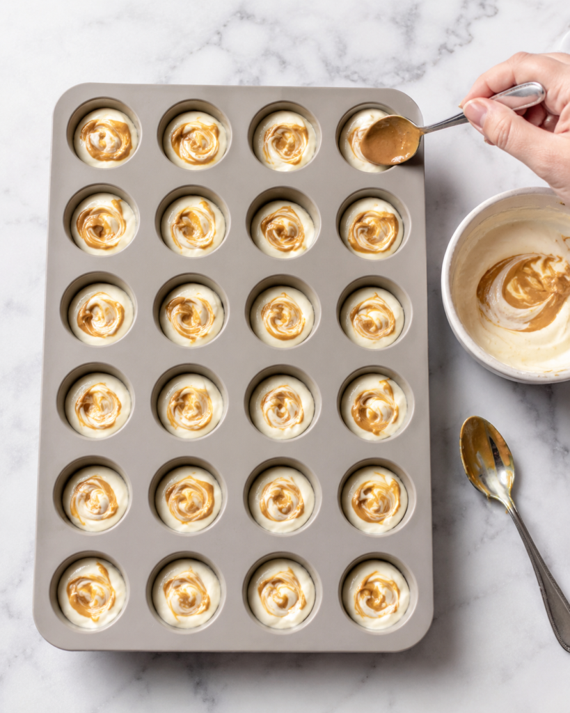 Greek yogurt peanut butter mixture portioned into a silicone mold before freezing