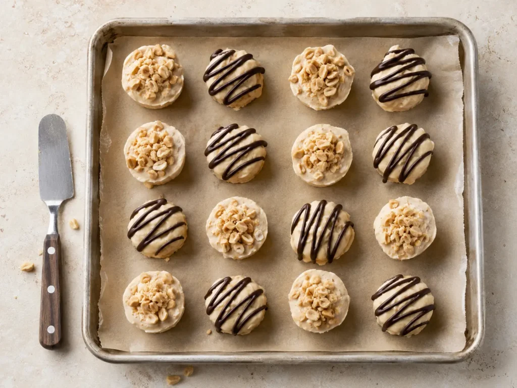 Overhead view of frozen Greek yogurt peanut butter bites arranged on parchment paper.