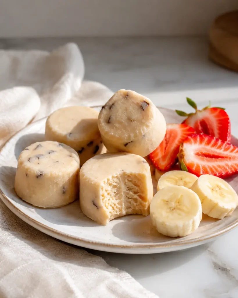 Frozen Greek yogurt peanut butter bites served on a plate with sliced fruit.