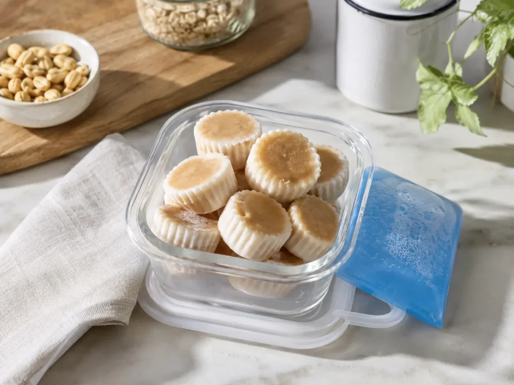 Frozen Greek yogurt peanut butter bites packed in a small snack container for meal prep.