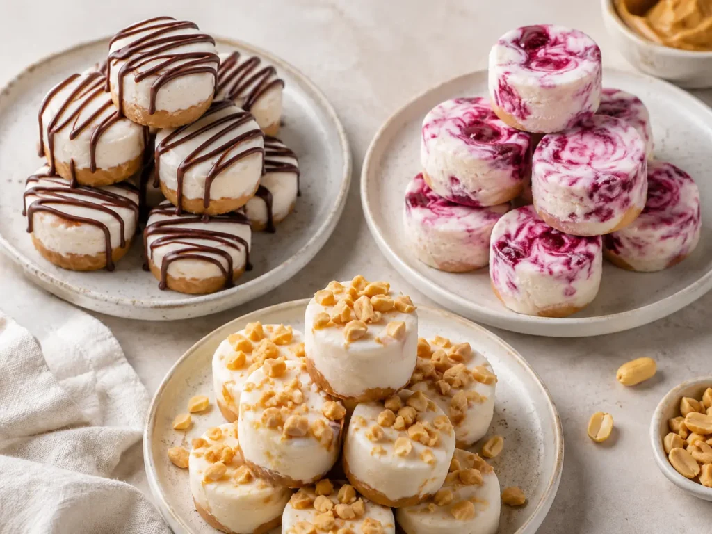 Three variations of frozen Greek yogurt peanut butter bites including chocolate, berry, and crunchy peanut toppings.