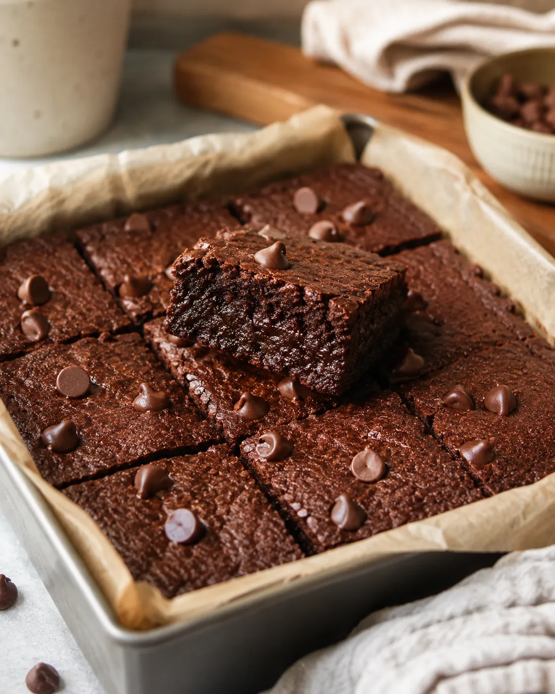 Fudgy cottage cheese brownies cut into squares with a rich moist chocolate center.