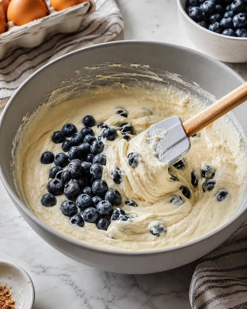Blueberries being folded into Greek yogurt pancake batter in a mixing bowl