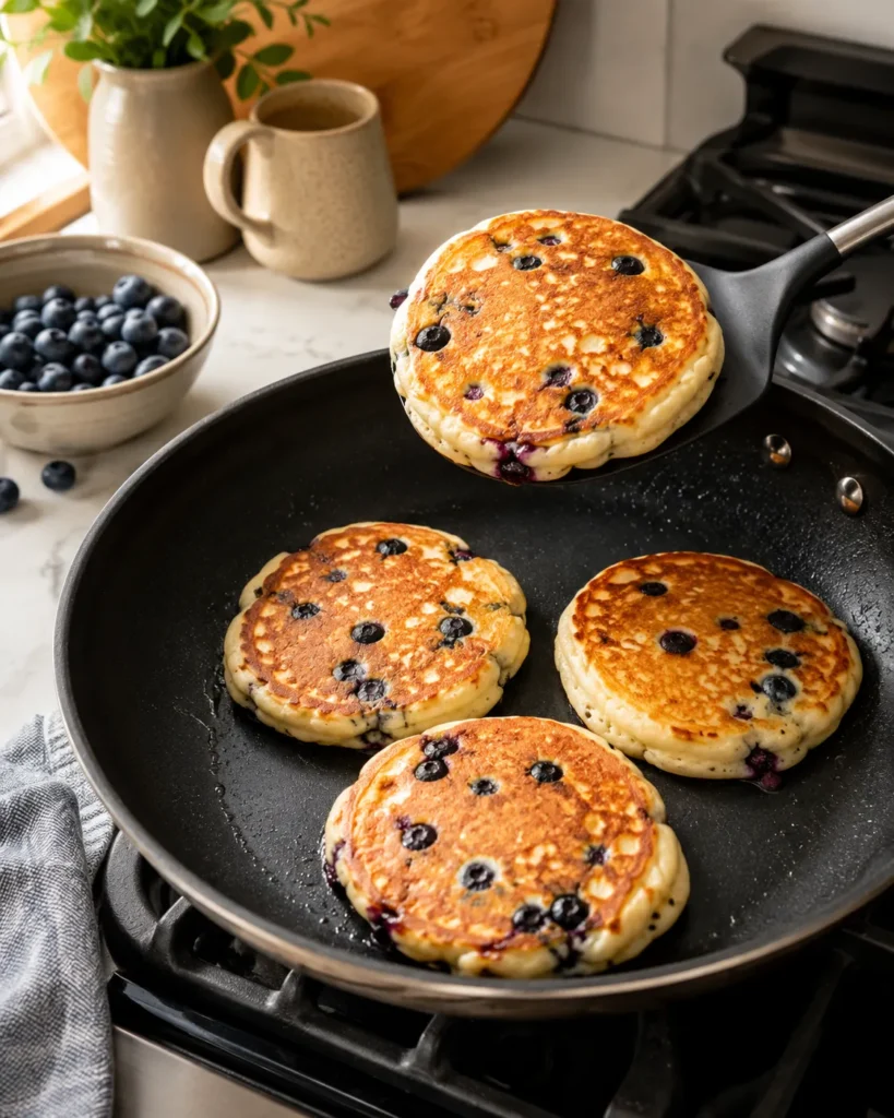 Golden blueberry pancakes cooking in a skillet with one being flipped
