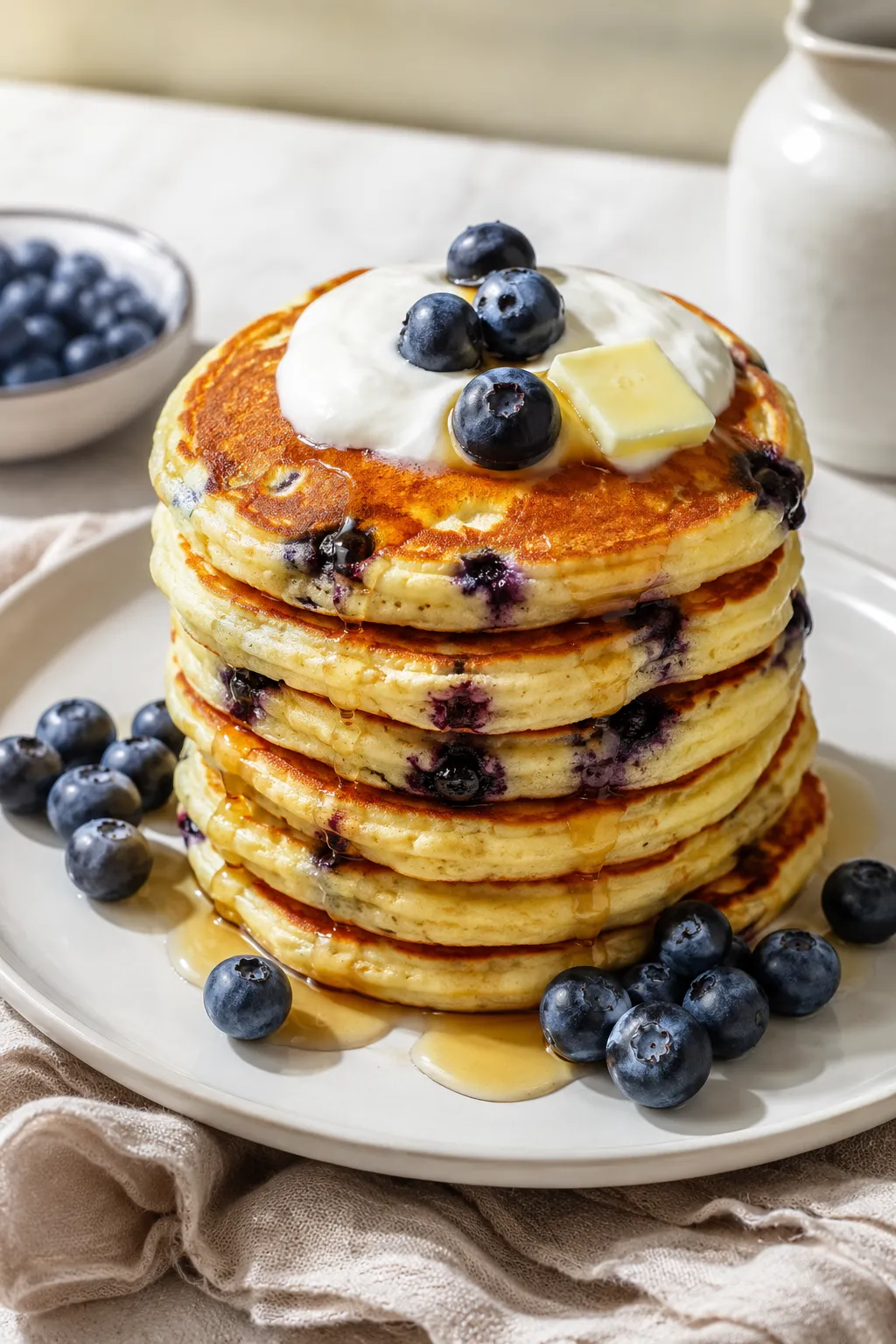 Greek yogurt blueberry pancakes with fresh blueberries and yogurt topping