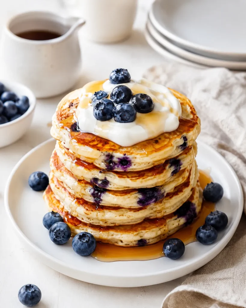 Stack of Greek yogurt blueberry pancakes with maple syrup and fresh blueberries on a white plate