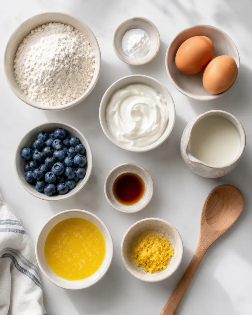 Ingredients for Greek yogurt blueberry pancakes arranged in small bowls on a countertop