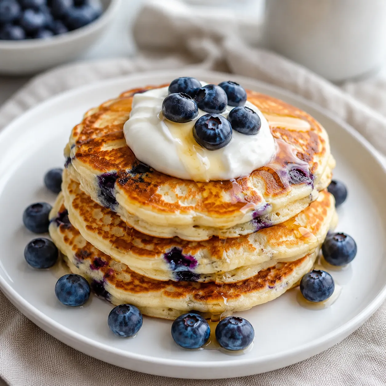 Greek yogurt blueberry pancakes with fresh blueberries and yogurt topping