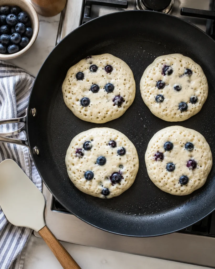 Blueberry pancakes cooking in a skillet with bubbles forming on top