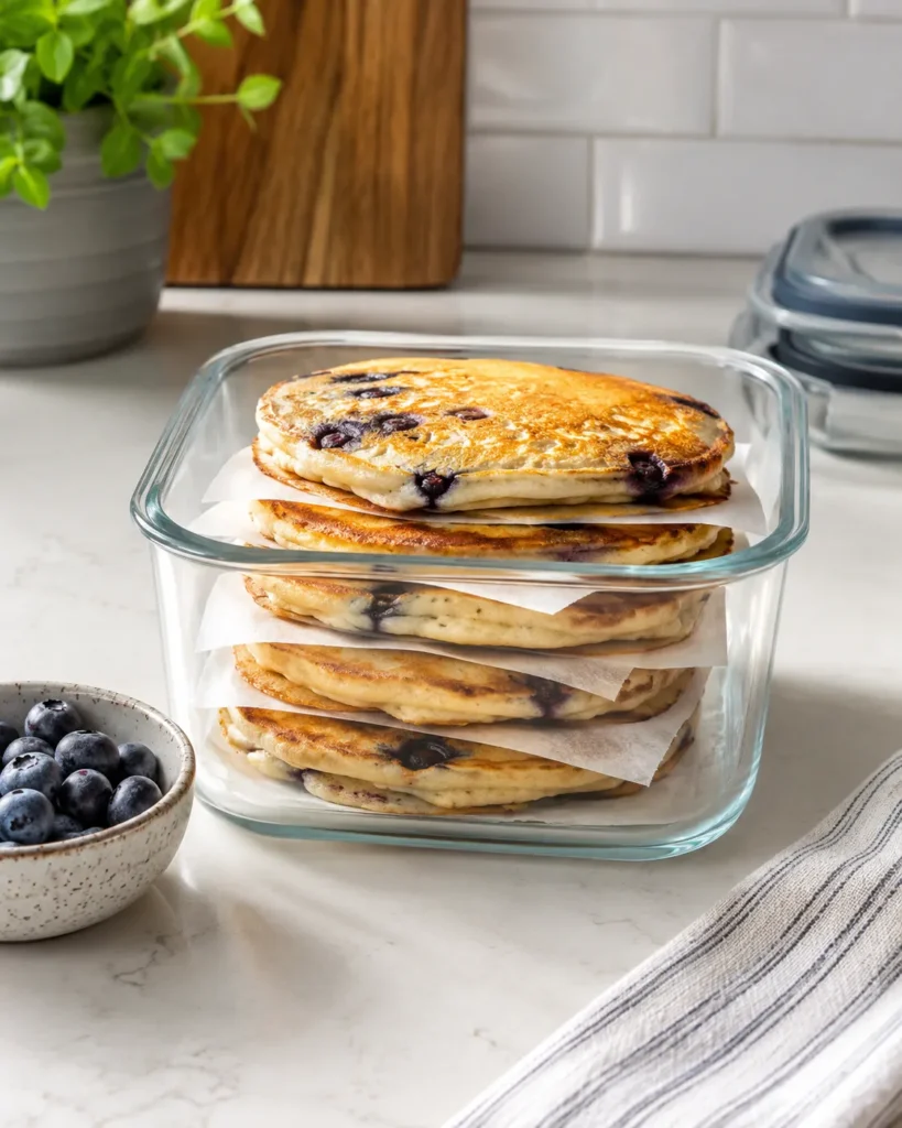 Greek yogurt blueberry pancakes stored in a glass container with parchment between layers