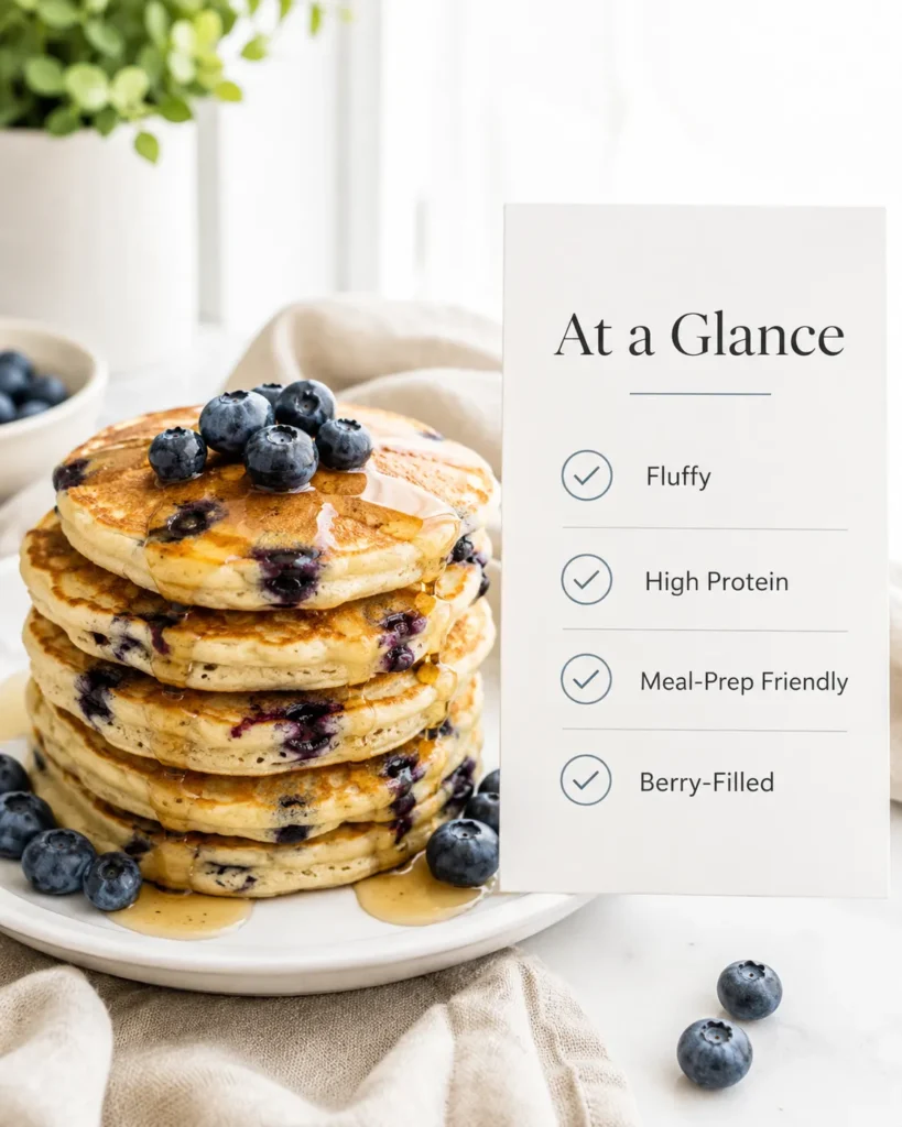 Greek yogurt blueberry pancakes beside a simple recipe summary card