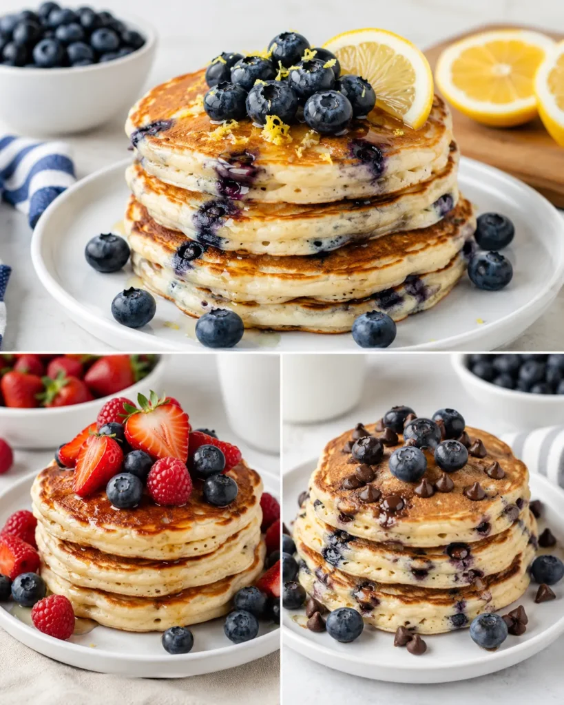 Three variations of Greek yogurt blueberry pancakes with lemon, mixed berries, and chocolate chips