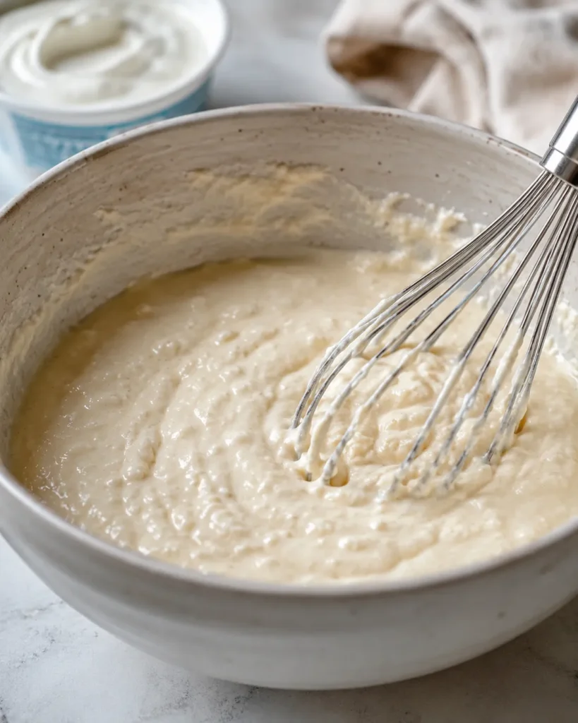 Thick but scoopable Greek yogurt pancake batter in a mixing bowl