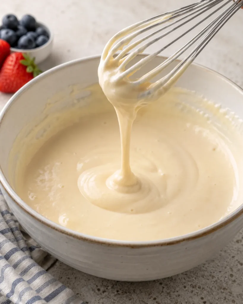 Thick but pourable Greek yogurt pancake batter in a mixing bowl