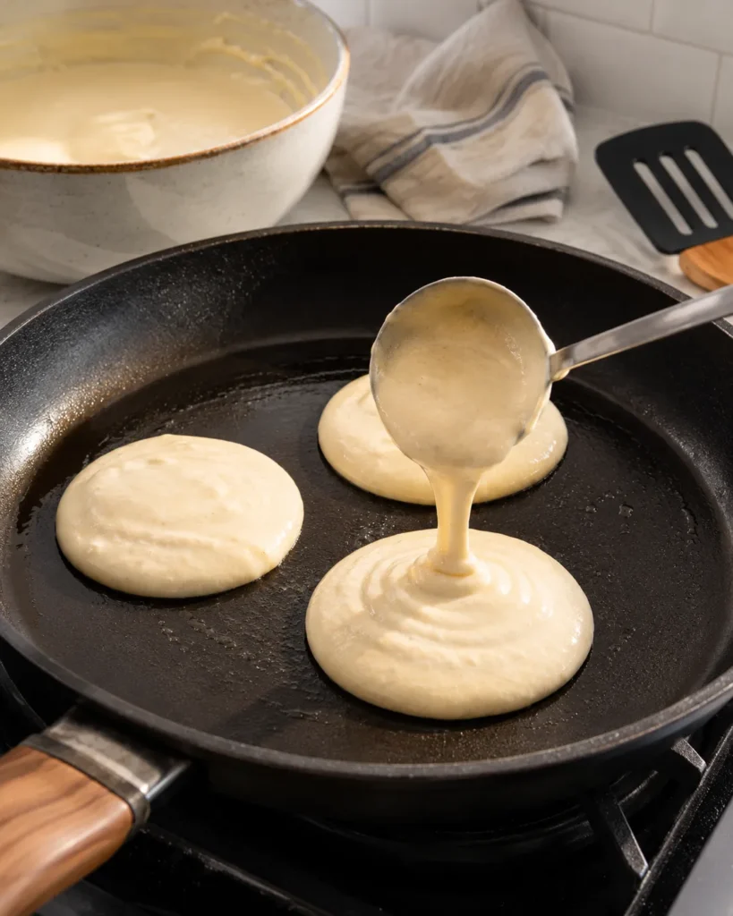 Greek yogurt pancake batter being scooped onto a skillet