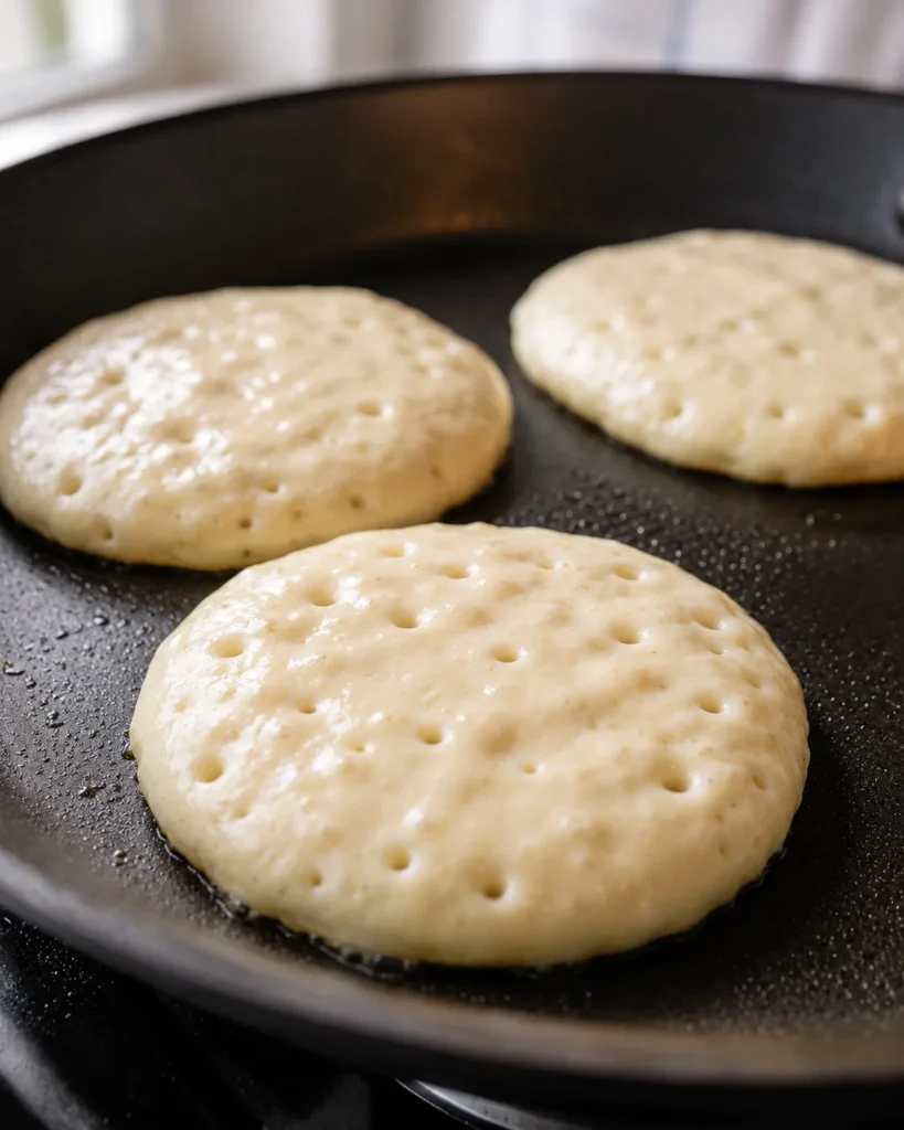 Greek yogurt pancakes cooking on a skillet with bubbles forming on top