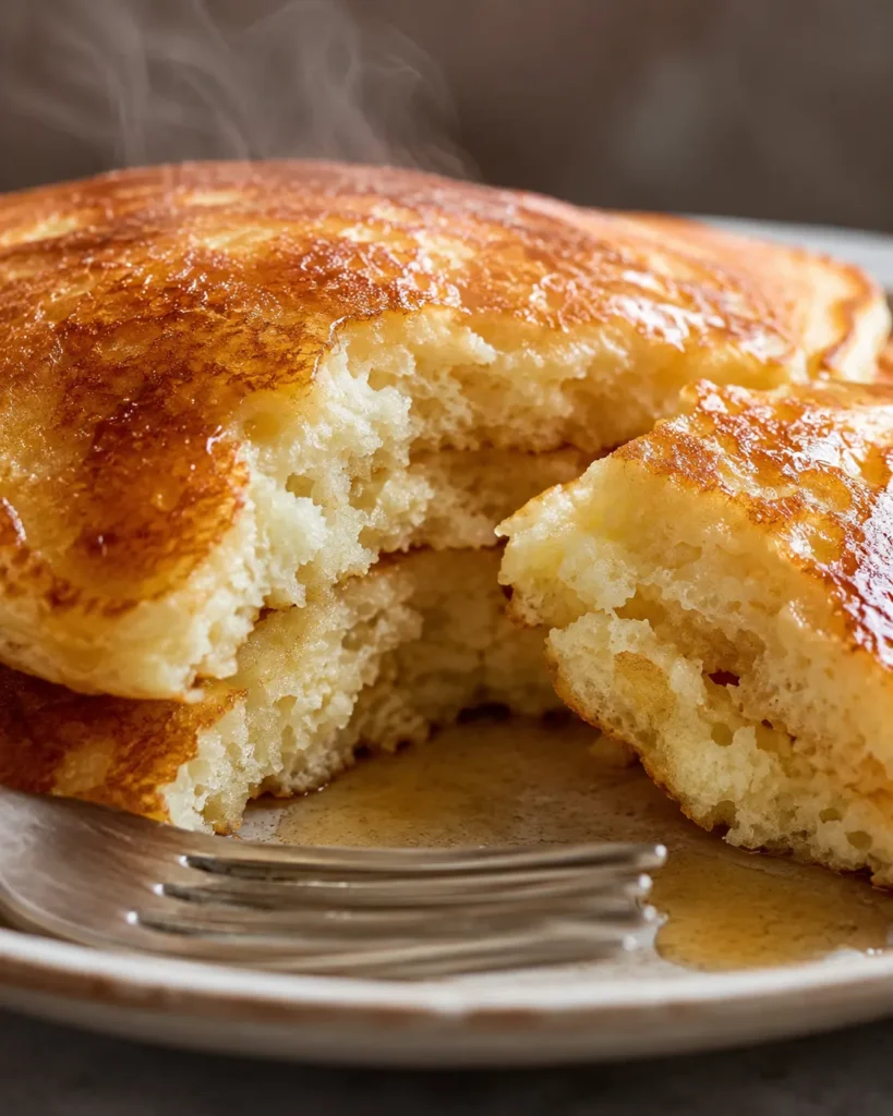 Close-up of the soft interior of a fluffy Greek yogurt pancake