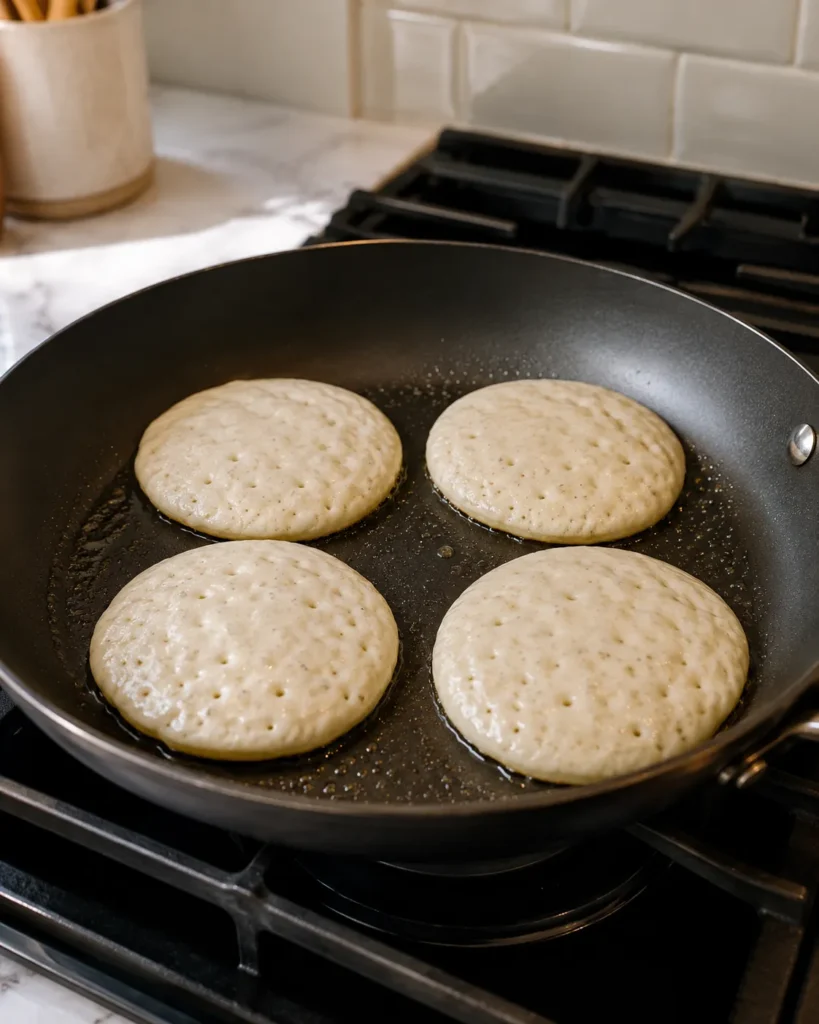 Greek yogurt pancakes cooking in a skillet with bubbles forming on top