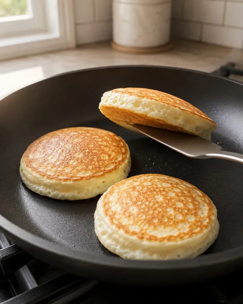 Fluffy Greek yogurt pancake being flipped in a skillet