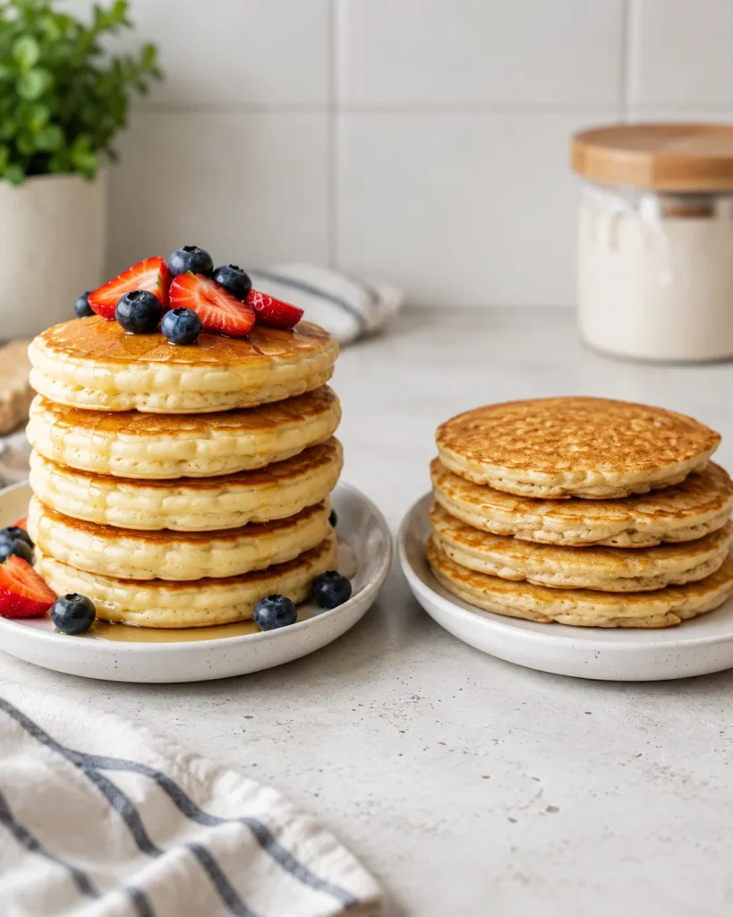 Comparison of fluffy Greek yogurt pancakes and denser overmixed pancakes