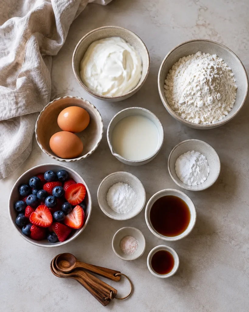 Ingredient lineup for fluffy Greek yogurt pancakes with yogurt, eggs, flour, milk, and berries