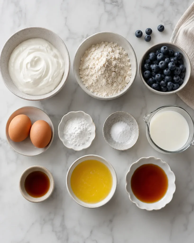 Ingredient lineup for fluffy Greek yogurt pancakes