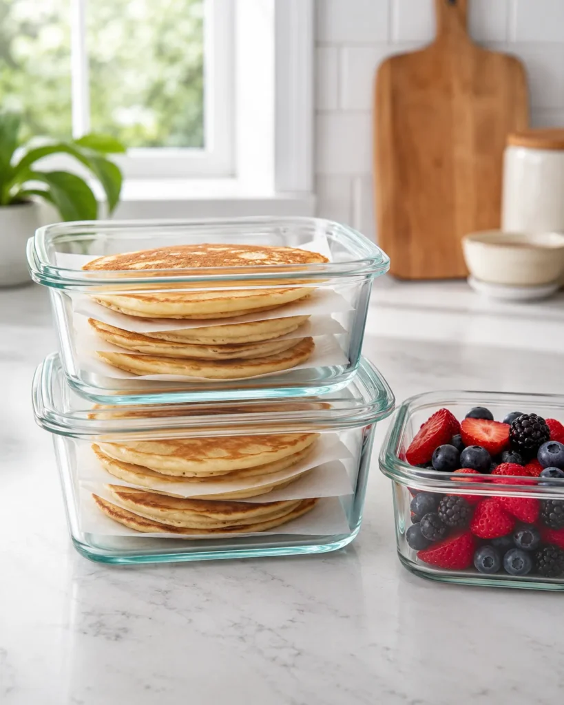Greek yogurt pancakes stored in meal-prep containers for breakfast
